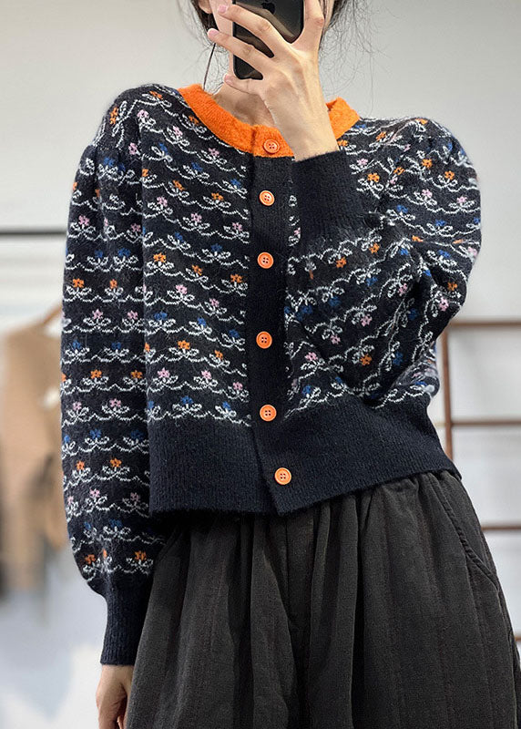 Plus Size Black O-Neck Jacquard Patchwork Knit Cardigans Winter