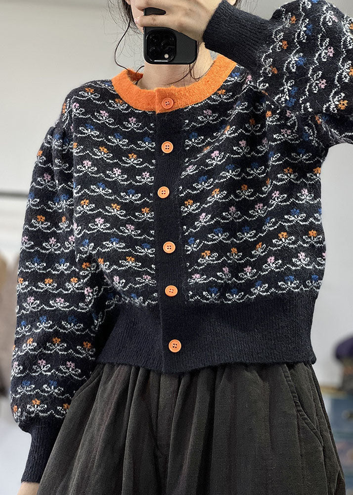 Plus Size Black O-Neck Jacquard Patchwork Knit Cardigans Winter