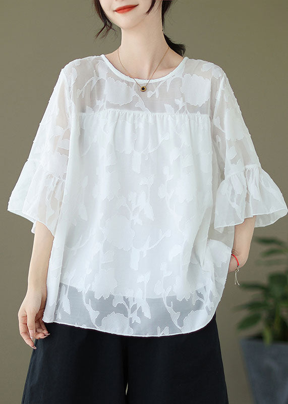 Plus Size Black O Neck Patchwork Chiffon Shirt Flare Sleeve