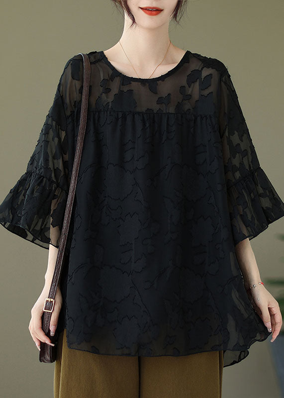 Plus Size Black O Neck Patchwork Chiffon Shirt Flare Sleeve