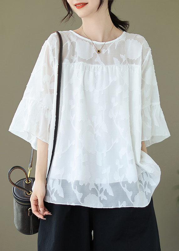 Plus Size Black O Neck Patchwork Chiffon Shirt Flare Sleeve