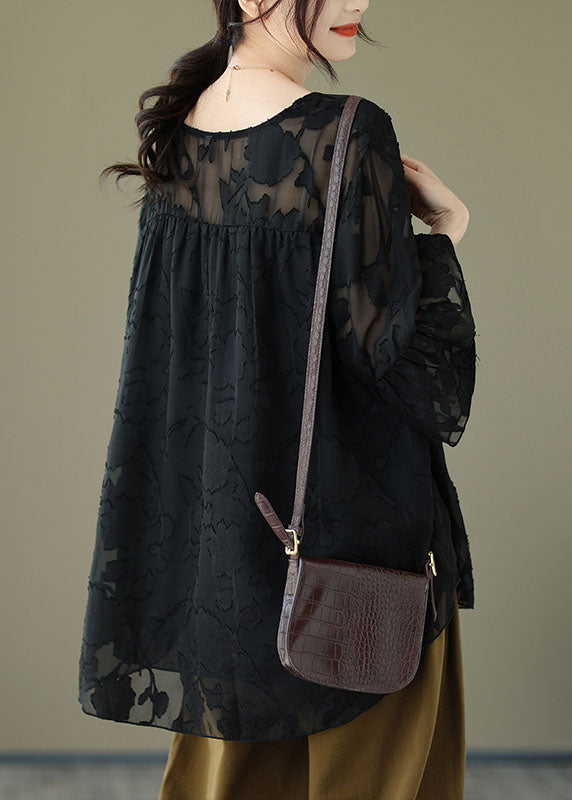 Plus Size Black O Neck Patchwork Chiffon Shirt Flare Sleeve