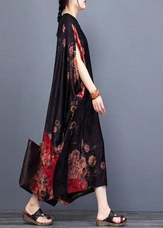 Plus Size Black O-Neck Print Chiffon Vacation Dresses Batwing Sleeve