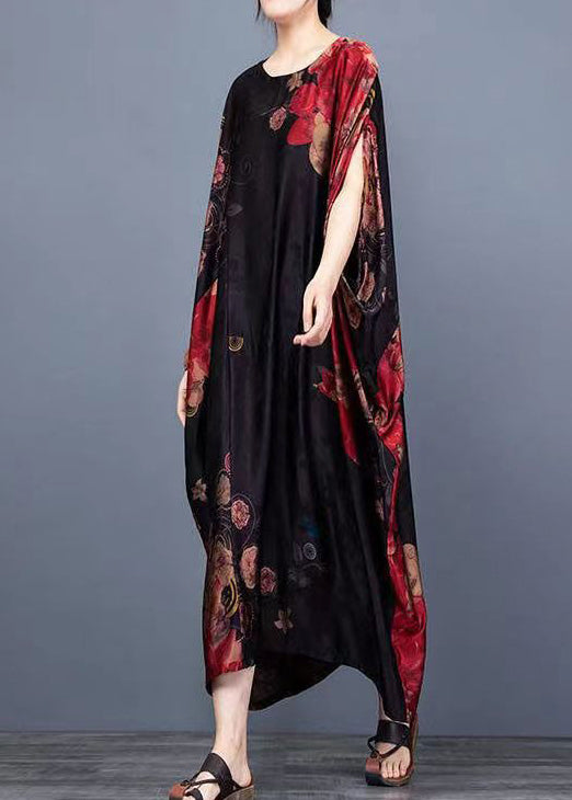 Plus Size Black O-Neck Print Chiffon Vacation Dresses Batwing Sleeve