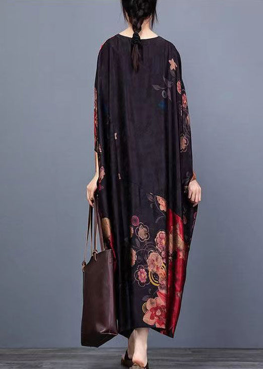 Plus Size Black O-Neck Print Chiffon Vacation Dresses Batwing Sleeve