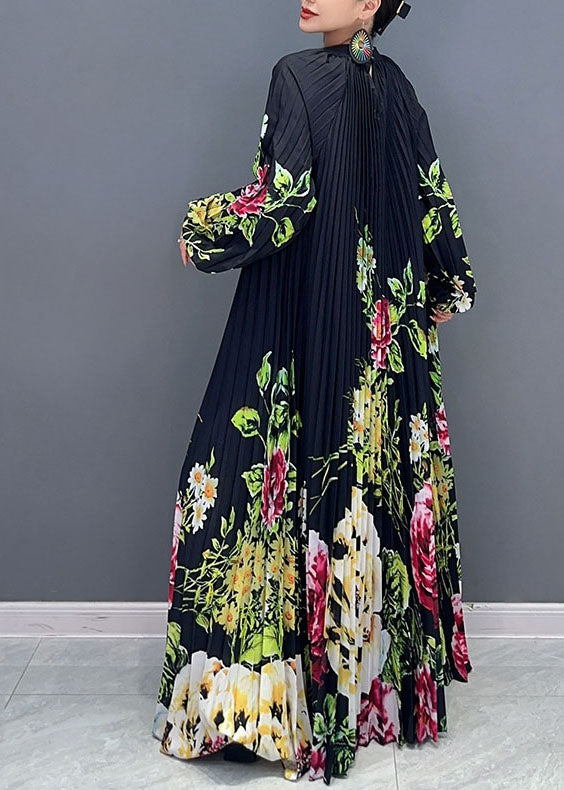 Plus Size Black O-Neck Print Wrinkled Long Dress Long Sleeve