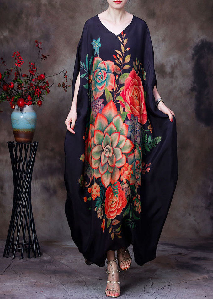 Plus Size Black Original Design V Neck Floral Print Silk Long Dress Batwing Sleeve