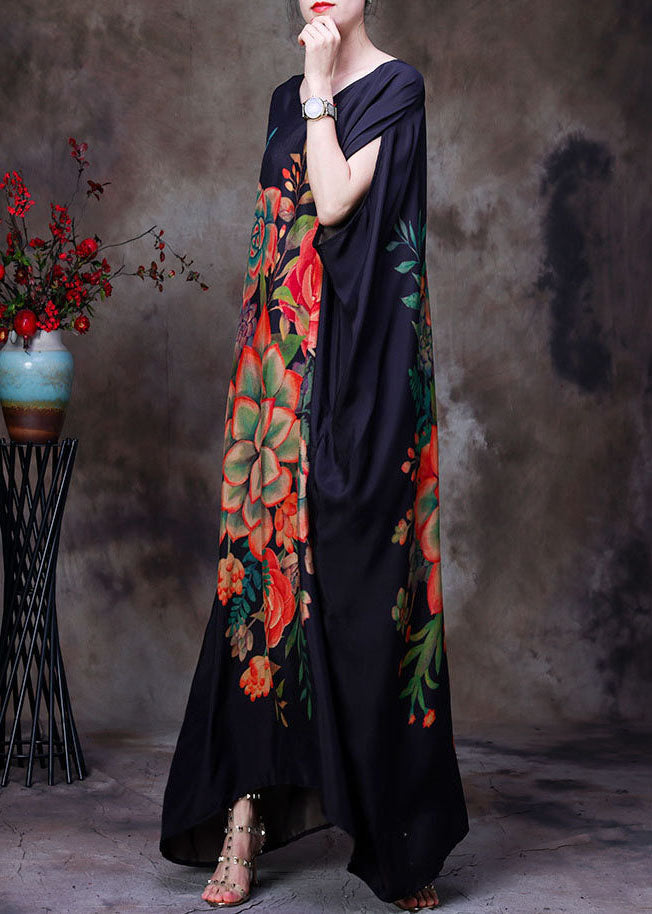 Plus Size Black Original Design V Neck Floral Print Silk Long Dress Batwing Sleeve