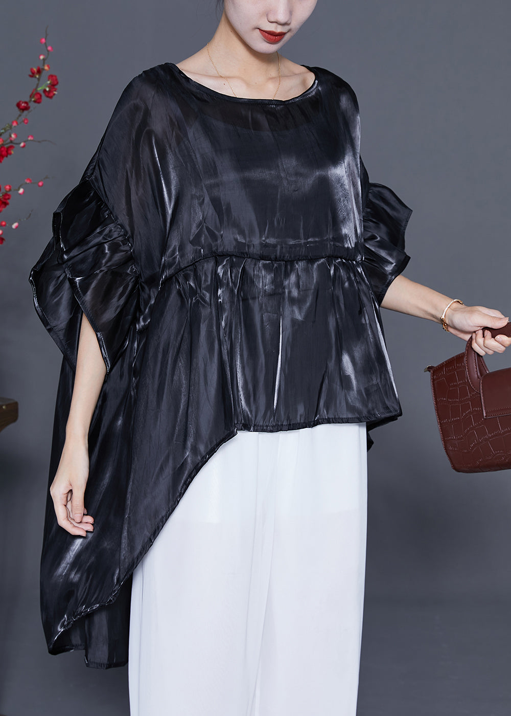 Plus Size Black Oversized Patchwork Silk Shirt Top Summer