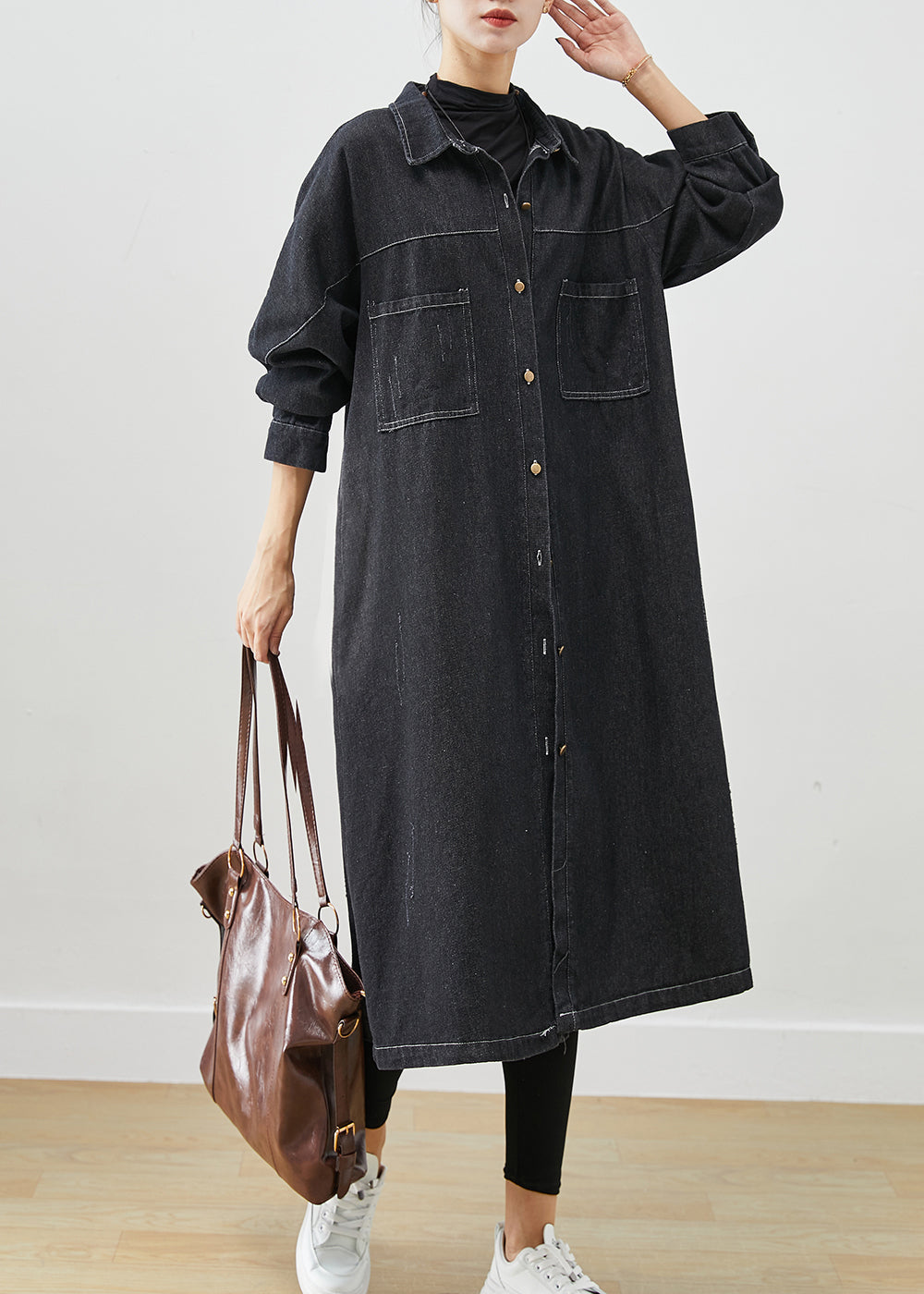 Plus Size Black Oversized Pockets Cotton Coats Fall