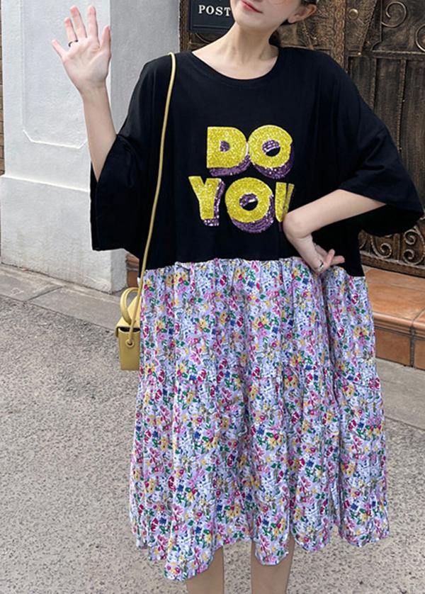 Plus Size Black Patchwork Cotton Print Loose Summer Party Dress - Omychic