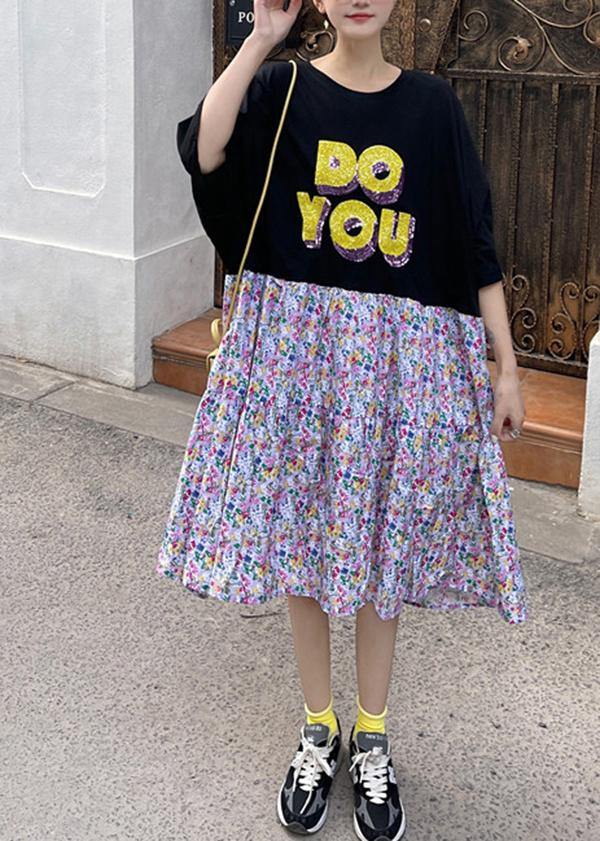 Plus Size Black Patchwork Cotton Print Loose Summer Party Dress - Omychic