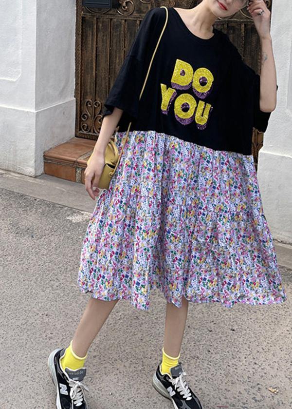 Plus Size Black Patchwork Cotton Print Loose Summer Party Dress - Omychic