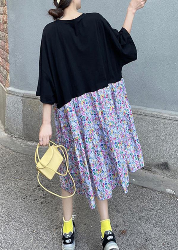 Plus Size Black Patchwork Cotton Print Loose Summer Party Dress - Omychic
