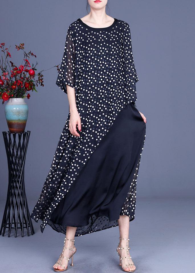 Plus Size Black Patchwork Dot Summer Silk Sundress Half Sleeve - Omychic