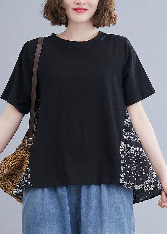 Plus Size Black Patchwork Print O-Neck Cotton Tops Summer - Omychic