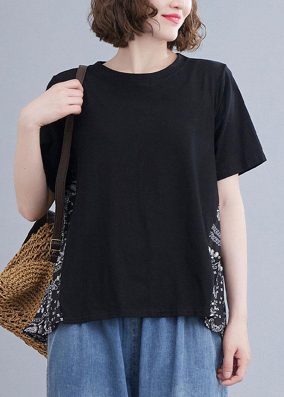 Plus Size Black Patchwork Print O-Neck Cotton Tops Summer - Omychic