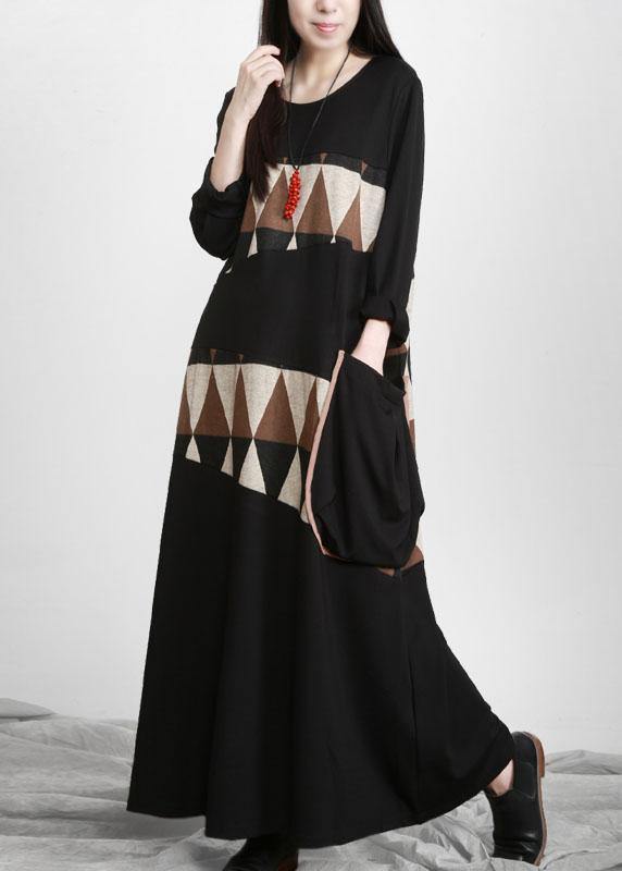 Plus Size Black Patchwork Print Pockets Asymmetrical Design Maxi Dress Fall - Omychic