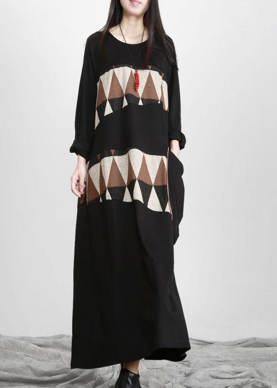 Plus Size Black Patchwork Print Pockets Asymmetrical Design Maxi Dress Fall - Omychic
