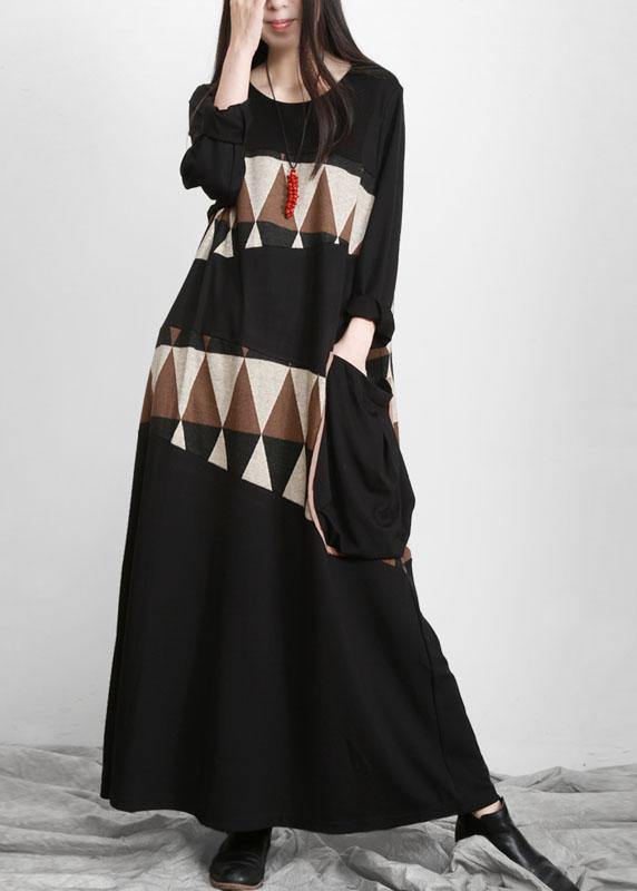 Plus Size Black Patchwork Print Pockets Asymmetrical Design Maxi Dress Fall - Omychic