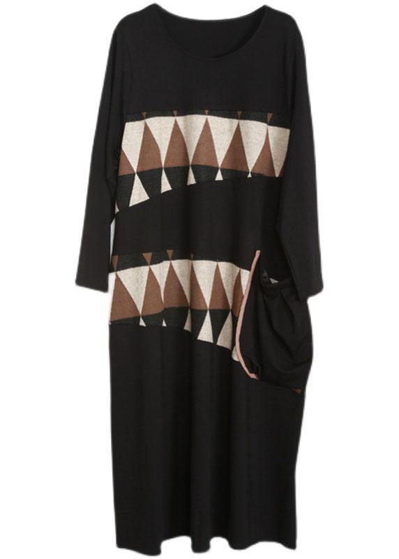 Plus Size Black Patchwork Print Pockets Asymmetrical Design Maxi Dress Fall - Omychic