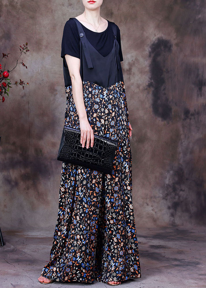 Plus Size Black Patchwork Print Pockets Silk Overalls Jumpsuit Two Pieces Set Summer