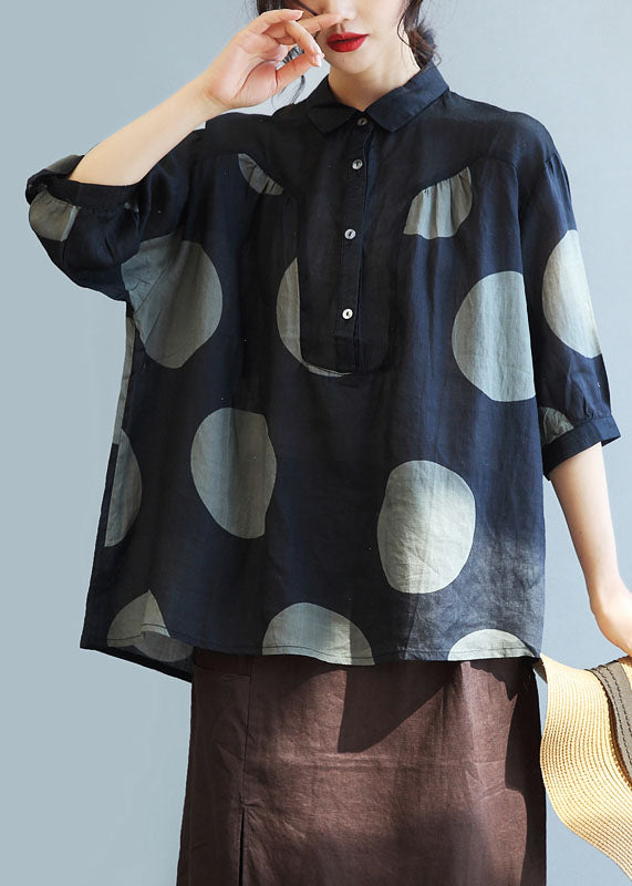 Plus Size Black Peter Pan Collar Dot Linen Shirt Tops Half Sleeve