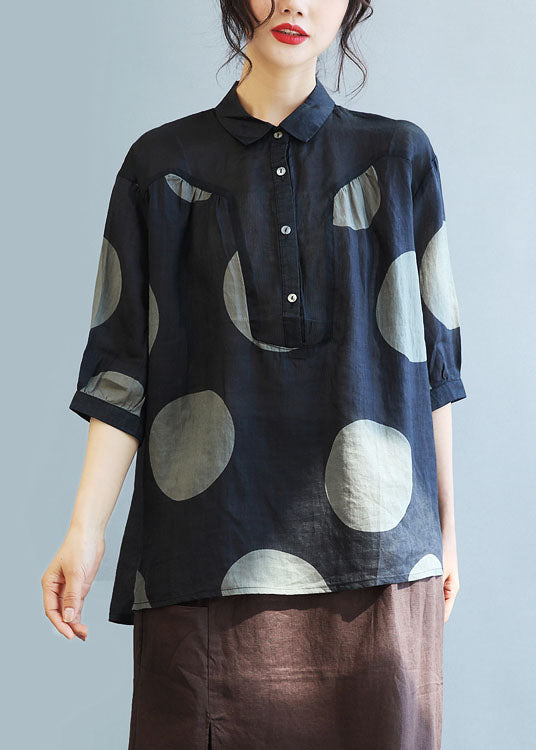 Plus Size Black Peter Pan Collar Dot Linen Shirt Tops Half Sleeve