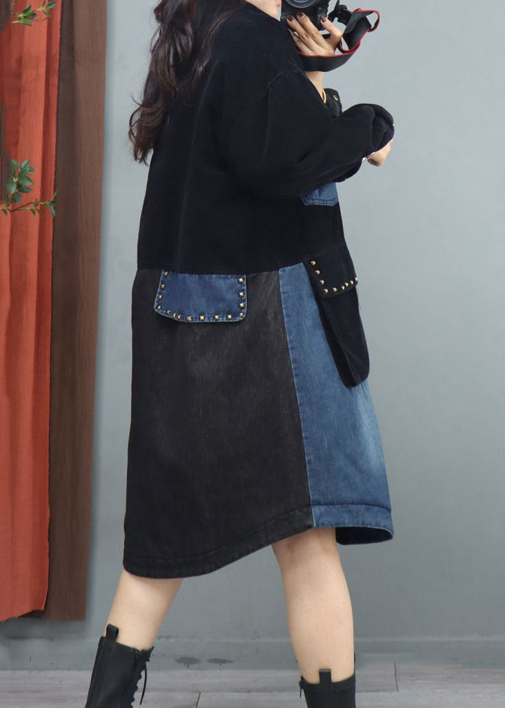 Plus Size Black Peter Pan Collar Pockets Patchwork Coat Fall