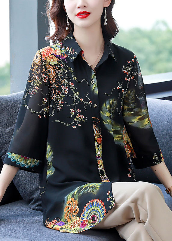 Plus Size Black Peter Pan Collar Print Button Chiffon Long Blouse Top Bracelet Sleeve