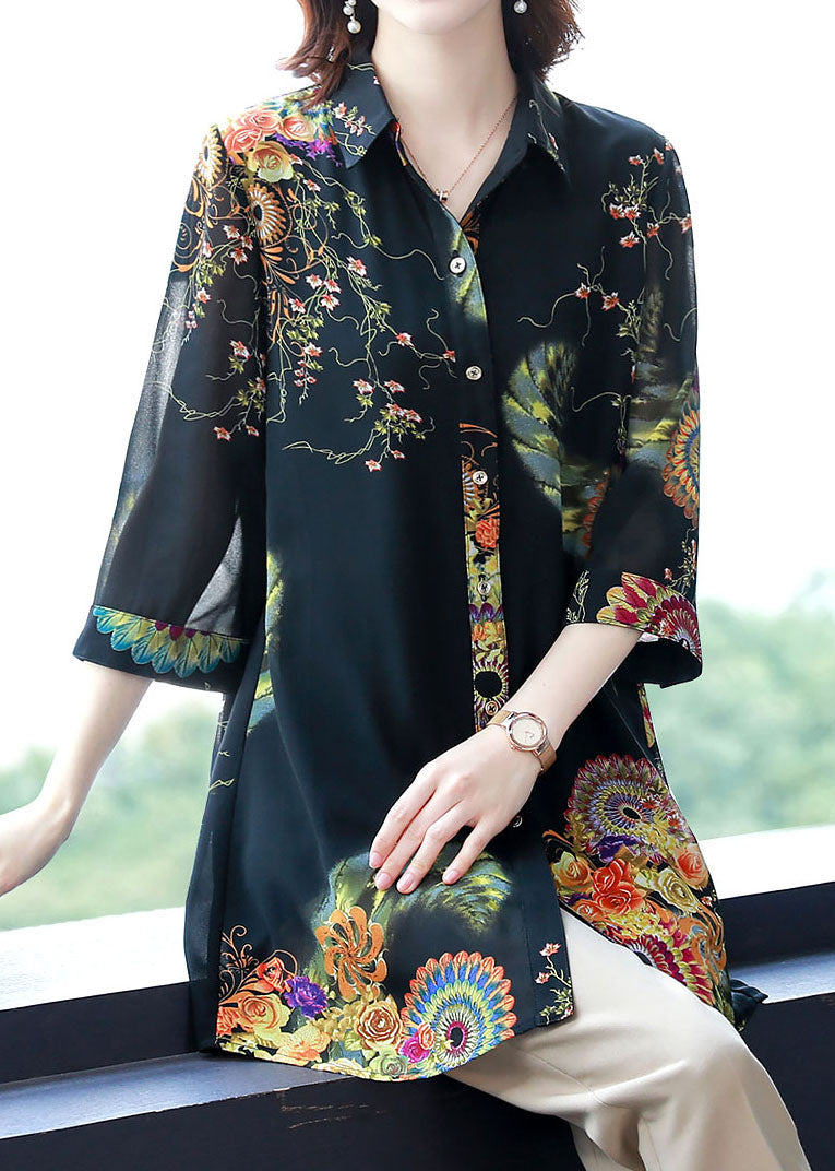 Plus Size Black Peter Pan Collar Print Button Chiffon Long Blouse Top Bracelet Sleeve