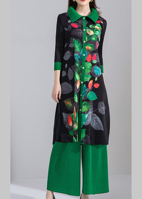 Plus Size Black Peter Pan Collar Print Patchwork Button Shirts And Wide Leg Pants Two Piece Set Spring