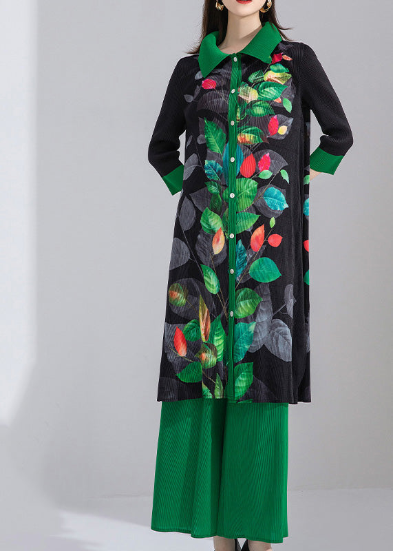 Plus Size Black Peter Pan Collar Print Patchwork Button Shirts And Wide Leg Pants Two Piece Set Spring