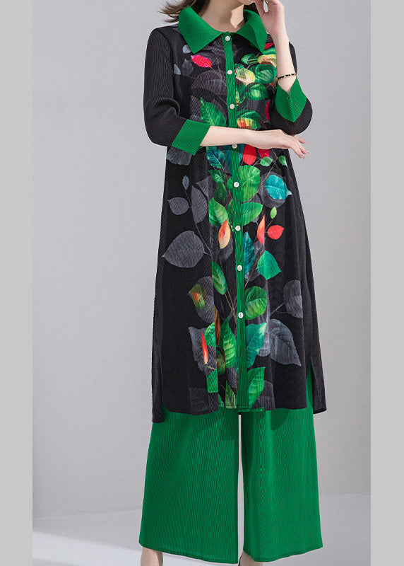 Plus Size Black Peter Pan Collar Print Patchwork Button Shirts And Wide Leg Pants Two Piece Set Spring