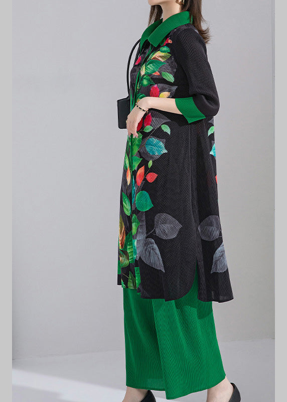 Plus Size Black Peter Pan Collar Print Patchwork Button Shirts And Wide Leg Pants Two Piece Set Spring