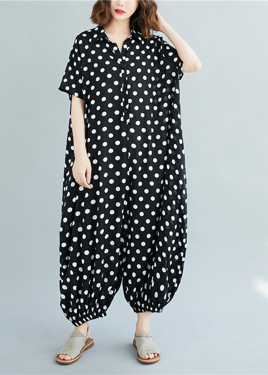 Plus Size Black Peter Pan Collar button dot Print Jumpsuit Short Sleeve