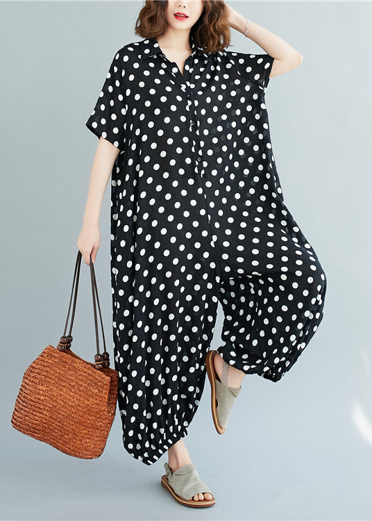 Plus Size Black Peter Pan Collar button dot Print Jumpsuit Short Sleeve