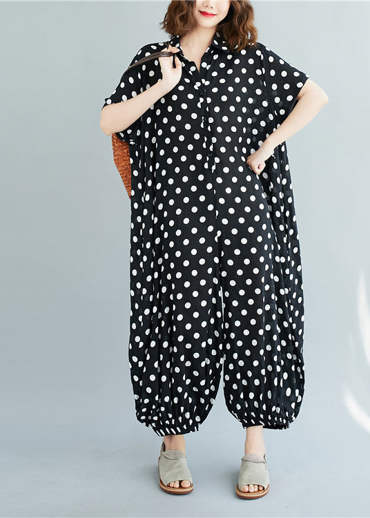 Plus Size Black Peter Pan Collar button dot Print Jumpsuit Short Sleeve