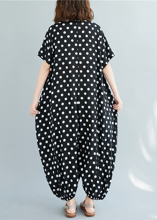 Plus Size Black Peter Pan Collar button dot Print Jumpsuit Short Sleeve