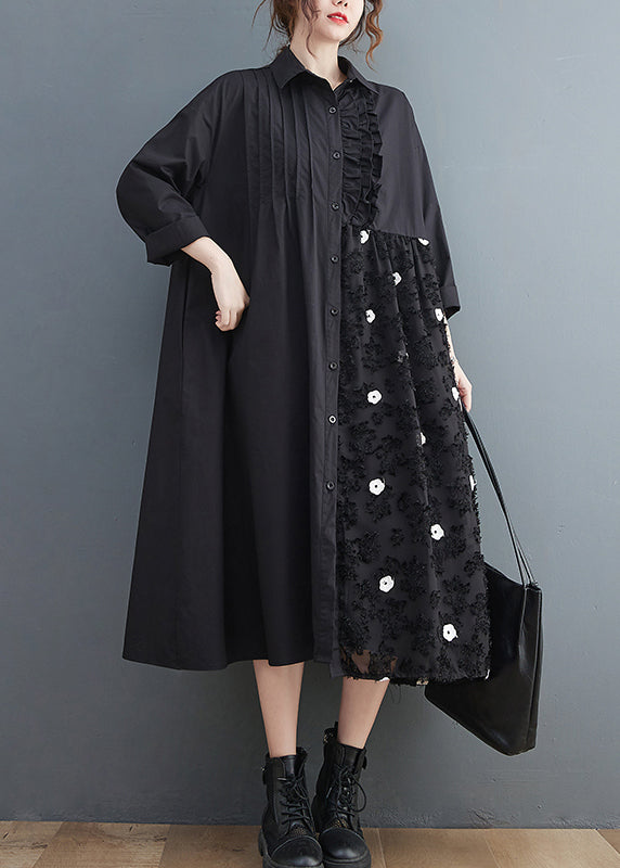 Plus Size Black Peter Pan Collar wrinkled Tulle Patchwork Shirt Dress Long Sleeve