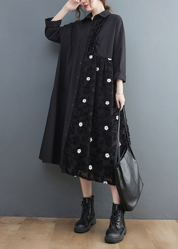 Plus Size Black Peter Pan Collar wrinkled Tulle Patchwork Shirt Dress Long Sleeve