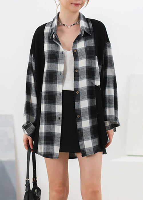 Plus Size Black Plaid Button Patchwork Cotton Shirt Fall