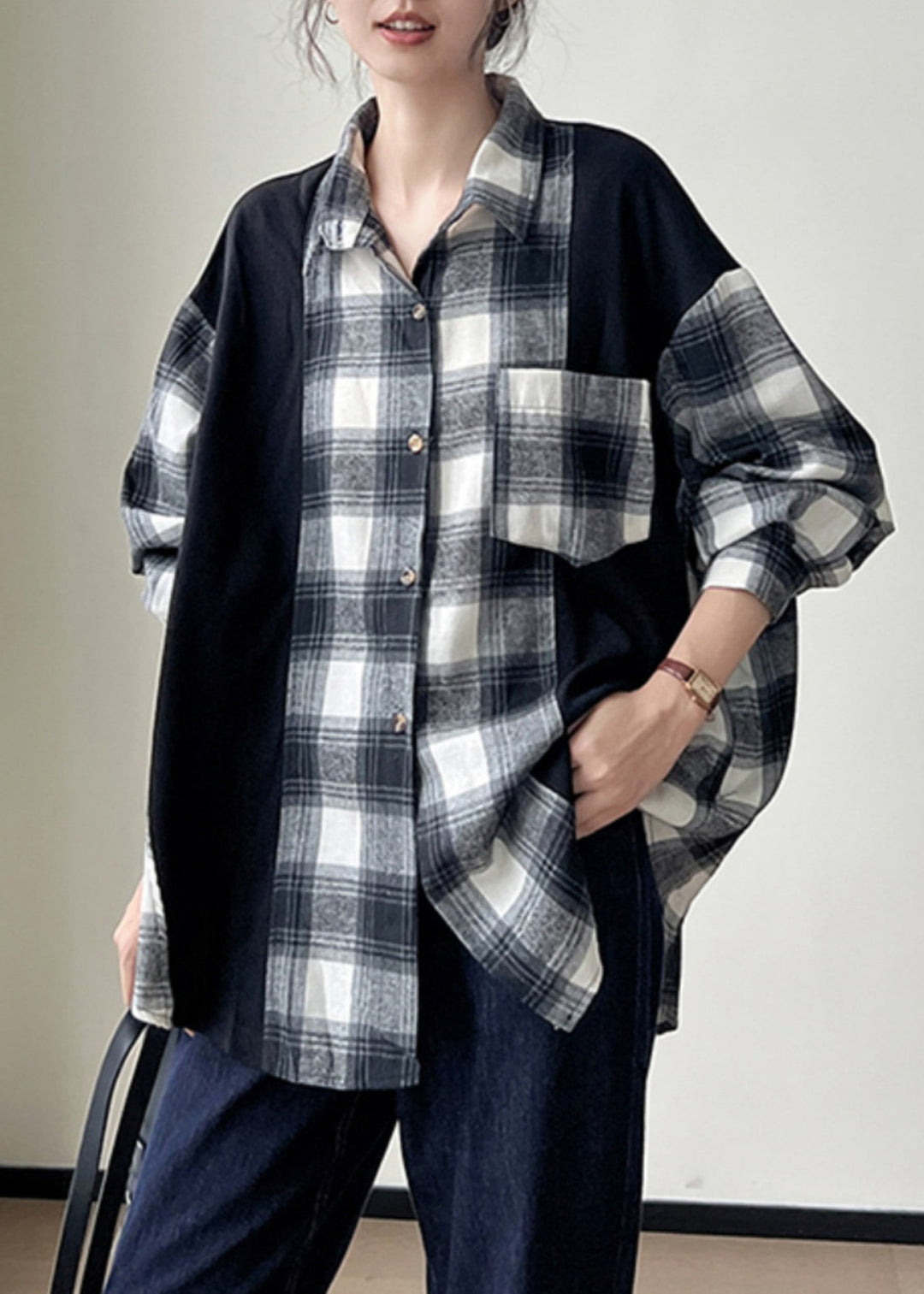 Plus Size Black Plaid Button Patchwork Cotton Shirts Fall