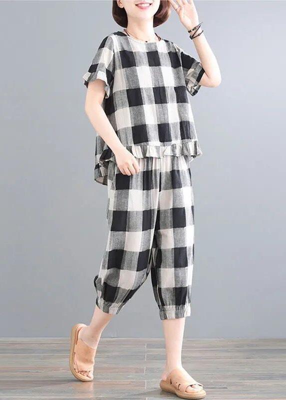 Plus Size Black Plaid Linen low high design Summer Two Piece Set - Omychic