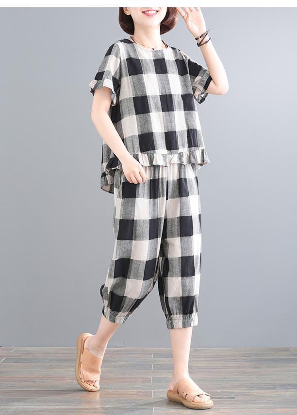 Plus Size Black Plaid Linen low high design Summer Two Piece Set - Omychic