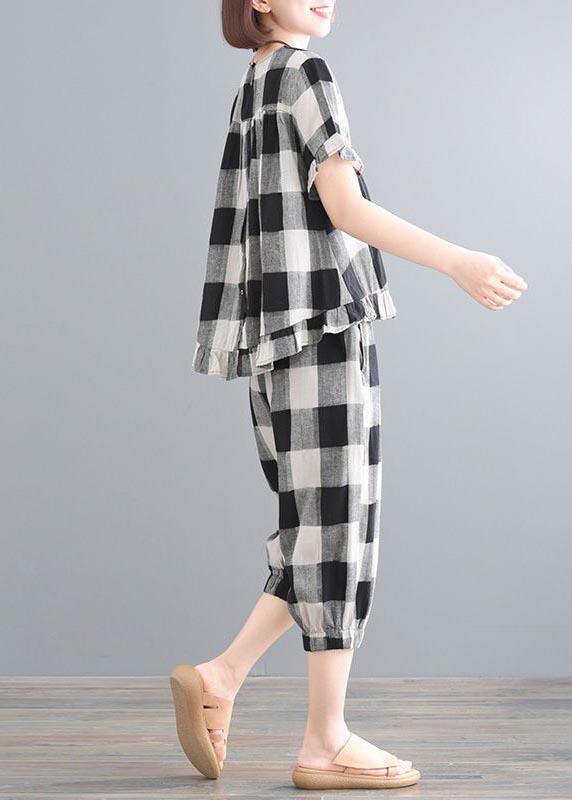 Plus Size Black Plaid Linen low high design Summer Two Piece Set - Omychic