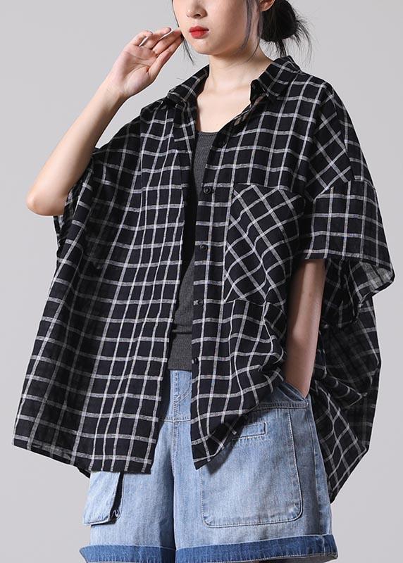 Plus Size Black Plaid Summer Cotton Button Half Sleeve Loose Tops - Omychic