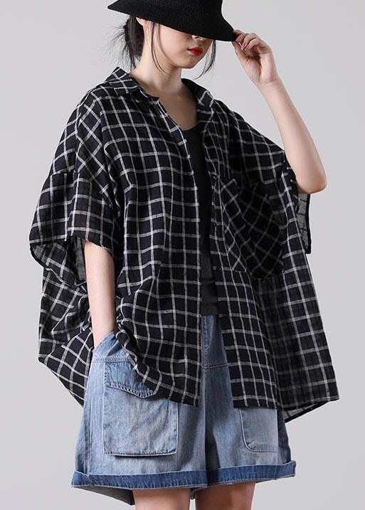 Plus Size Black Plaid Summer Cotton Button Half Sleeve Loose Tops - Omychic