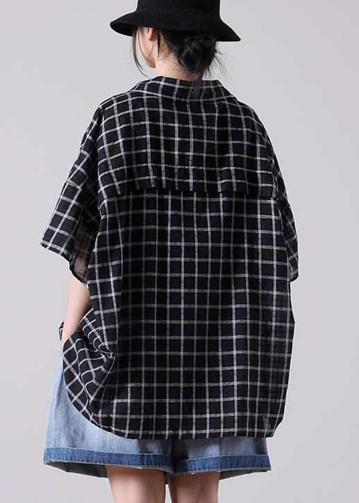 Plus Size Black Plaid Summer Cotton Button Half Sleeve Loose Tops - Omychic