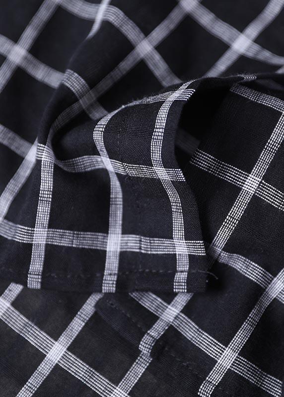 Plus Size Black Plaid Summer Cotton Button Half Sleeve Loose Tops - Omychic